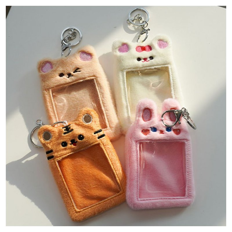 Korean Fuzzy Photocard Holder - 7-Slot Cute Animal Card Sleeve Keychain