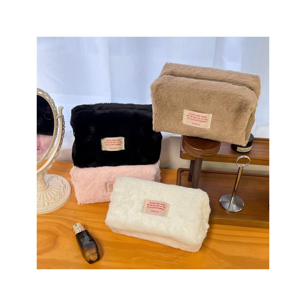 Korean Pure Color Simple Fleece Makeup Pouch - Large Capacity Skincare Storage Bag