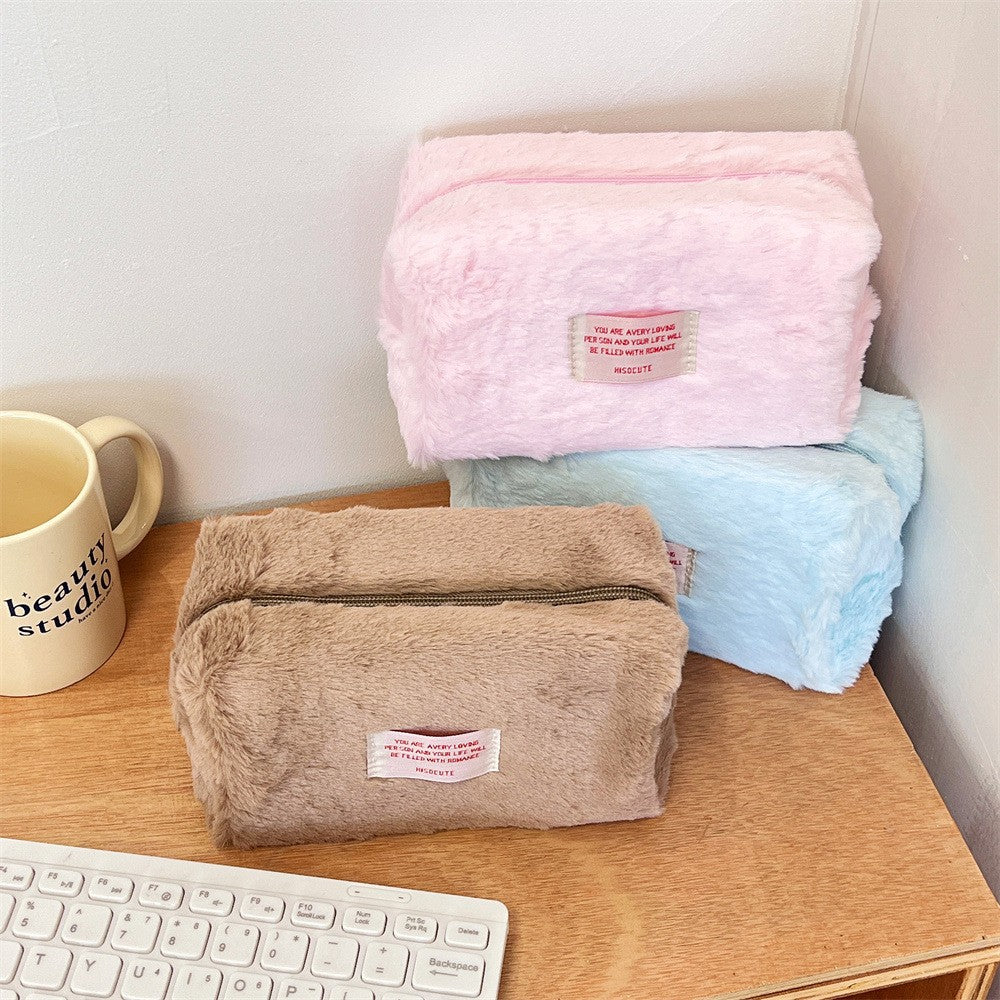 Korean Makeup Organizer Pouch - Pure Color Simple Fleece Large Capacity Skincare Storage