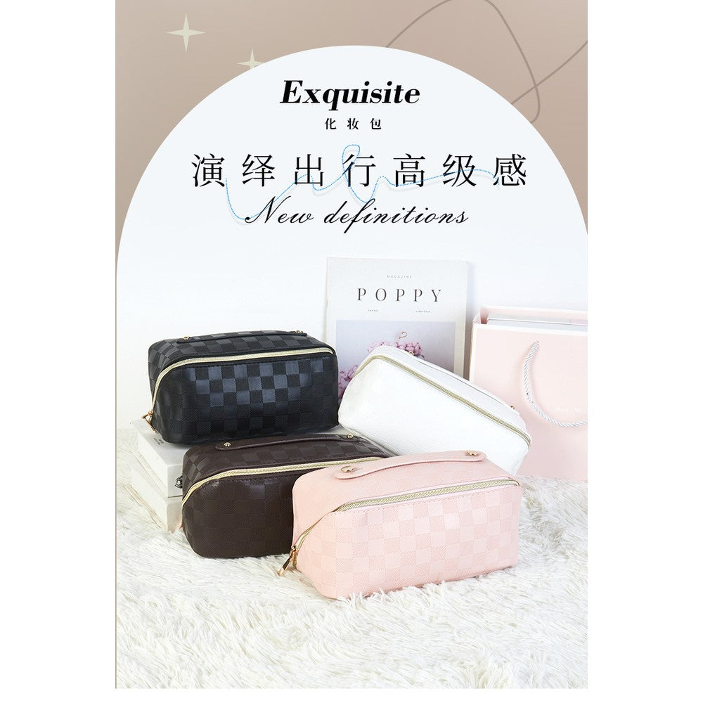 Checkered Makeup Bag Large Capacity - Korean K-Beauty Travel Cosmetic Organizer