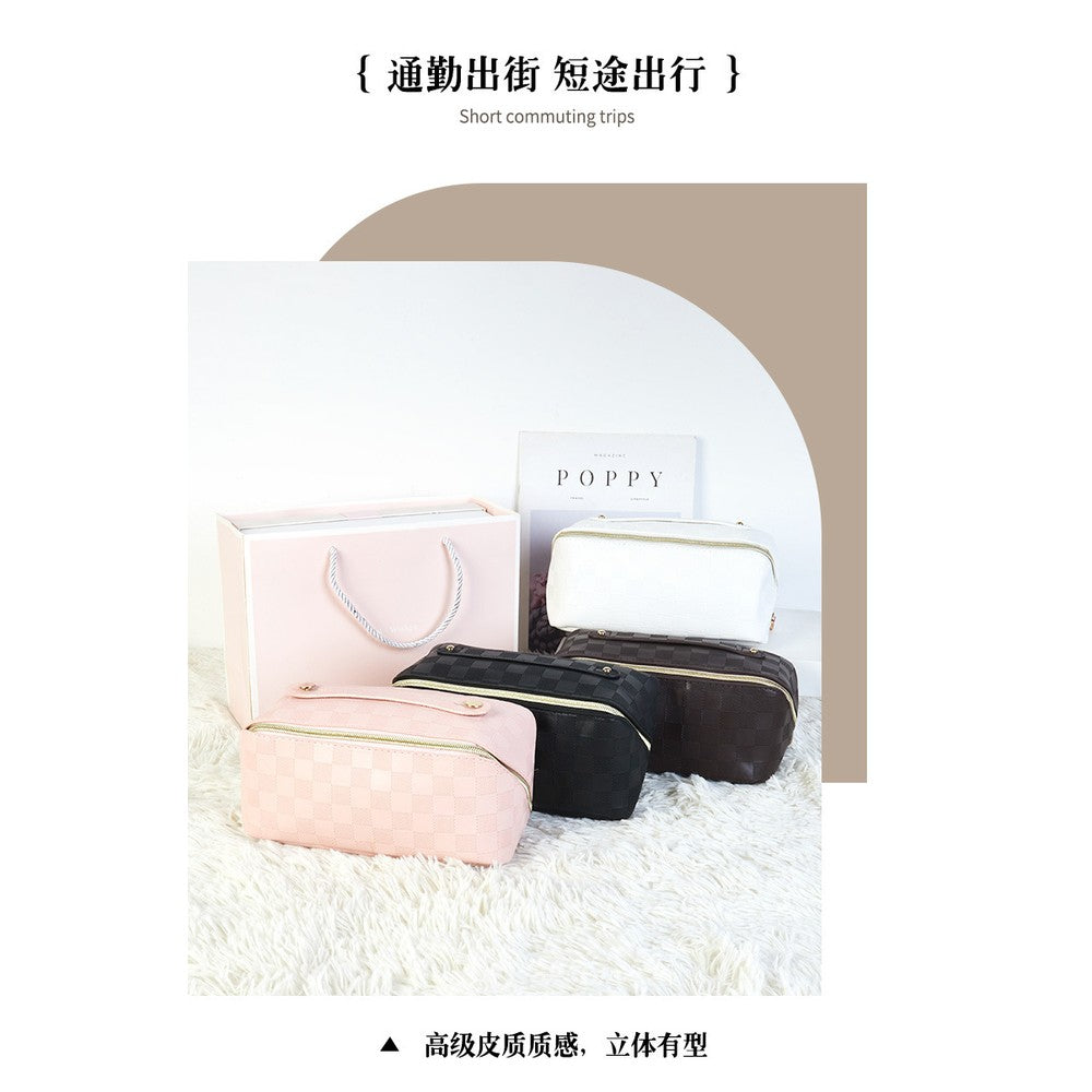 Checkered Makeup Bag Large Capacity - Korean K-Beauty Travel Cosmetic Organizer