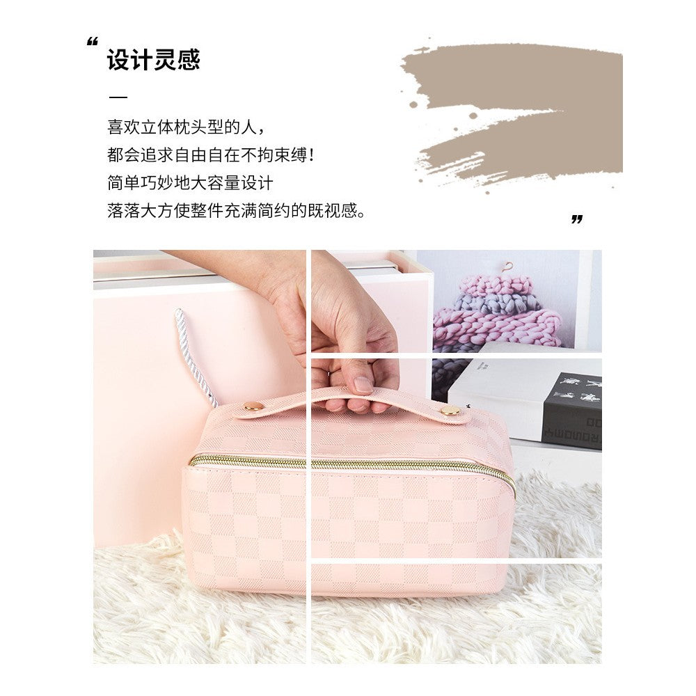 Checkered Makeup Bag Large Capacity - Korean K-Beauty Travel Cosmetic Organizer