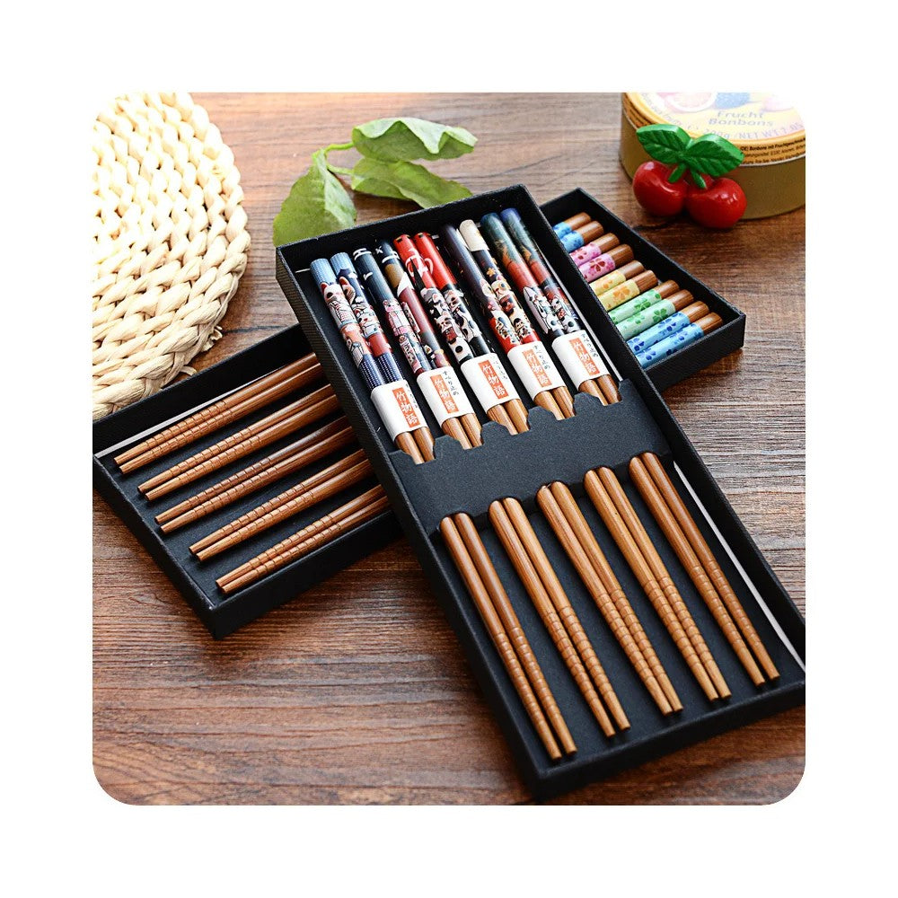Best Bamboo Chopsticks Set - 5 Pairs Non-Slip Japanese Style